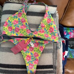 Moana Bikini Floral Yellow reverse flamingos - bottoms NWT top very lightly worn